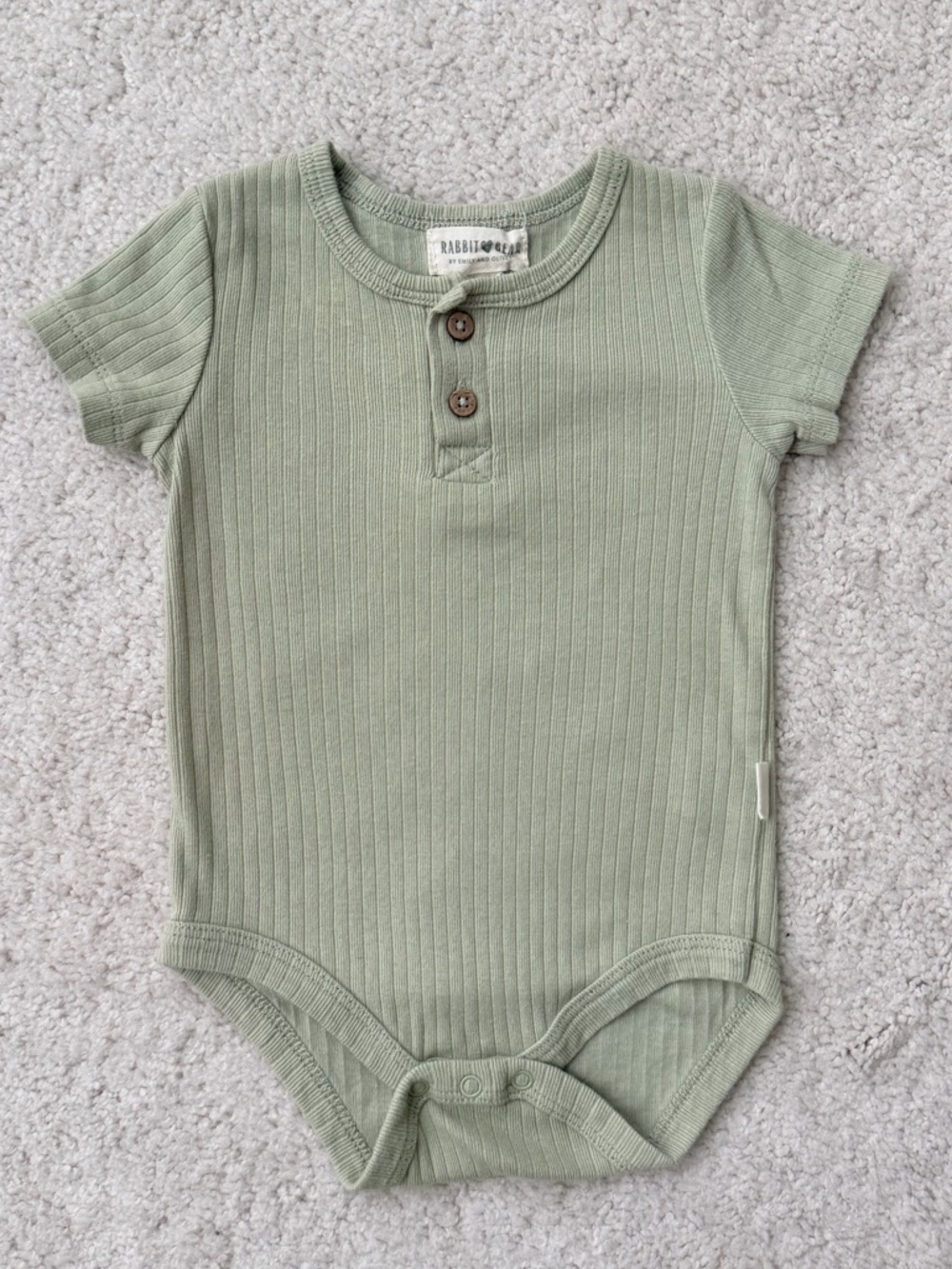Rabbit + Bear Ribbed Sage Green Baby Onesie with Front Button Closure